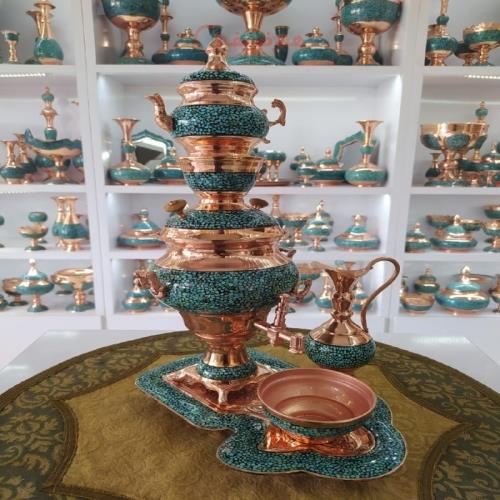 سرویس سماور مسی باکیفیت فیروزه کوبی اصل نیشابور